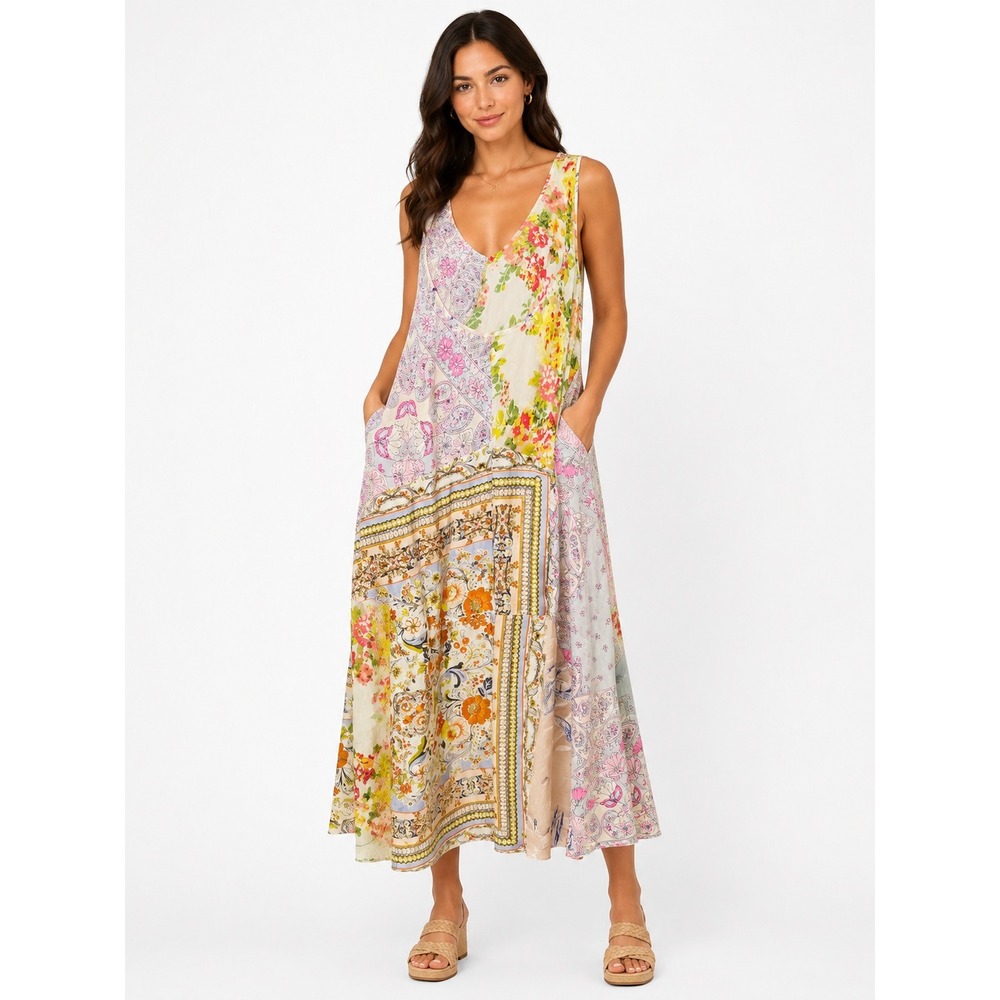 Johnny Was 2X Silk Patchwork Floral Paisley Maxi Dress with Slip & Pockets
